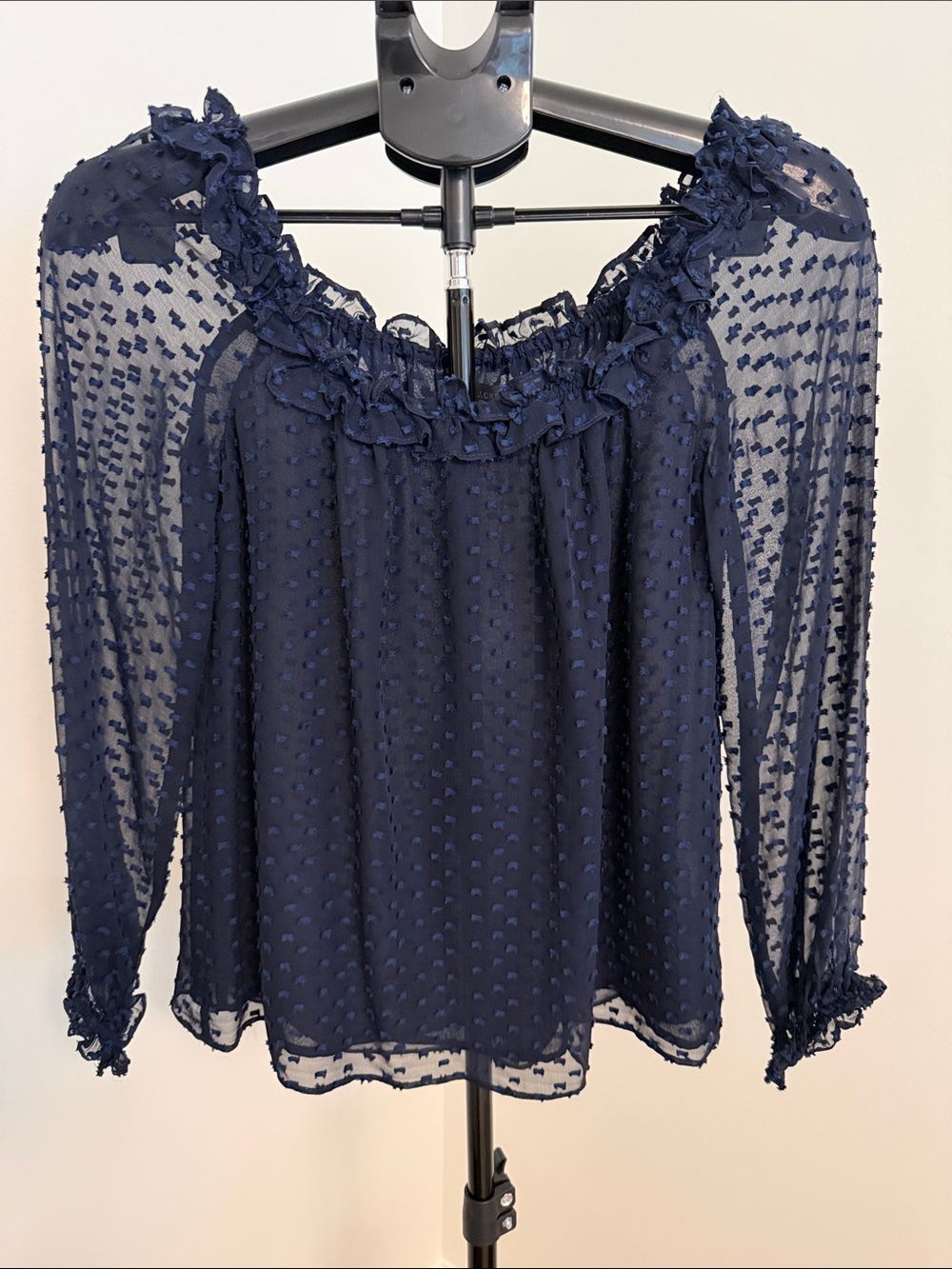 J. Crew Navy Swiss-Dot Ruffle Neck Blouse